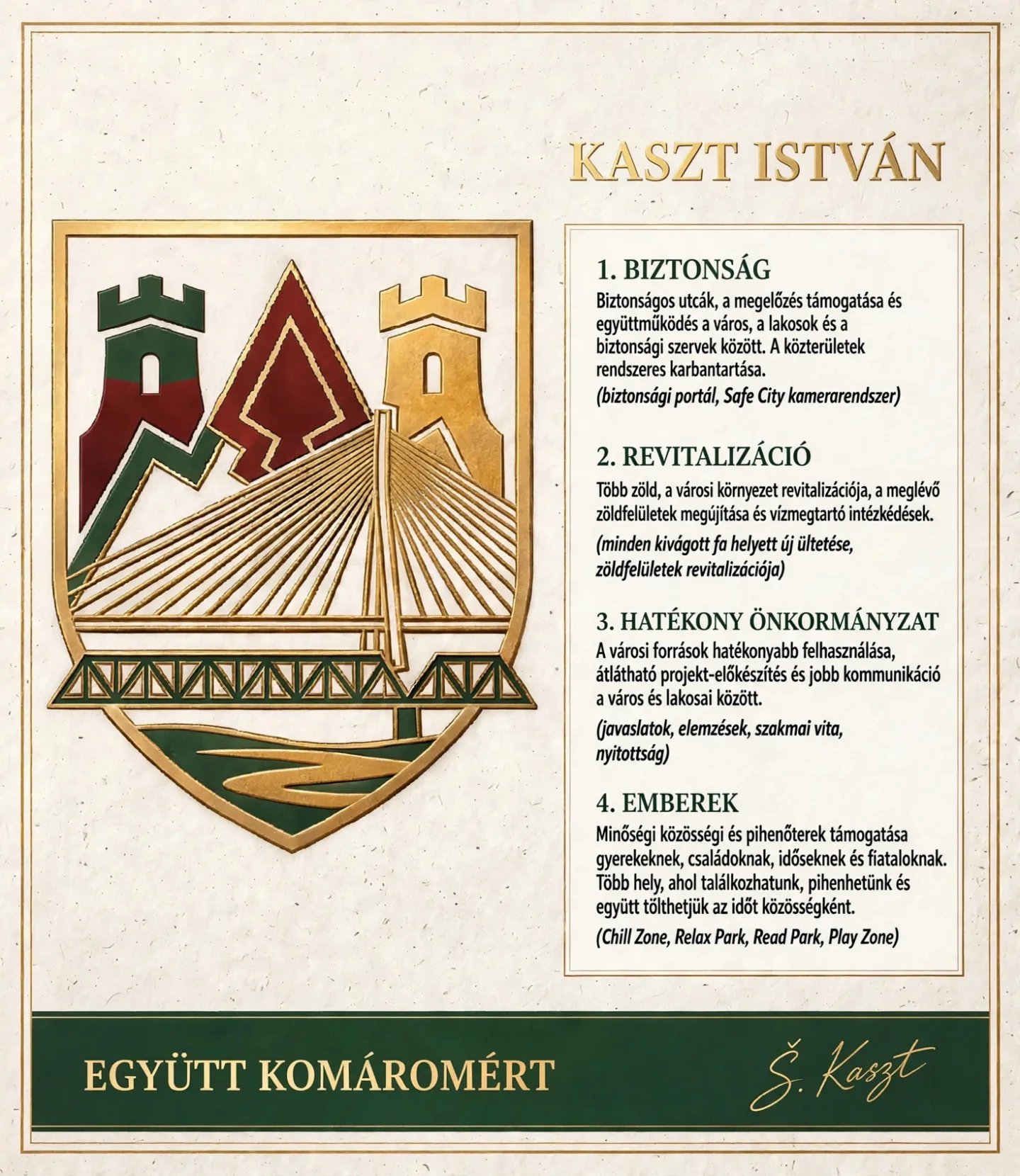 Kaszt István prioritásai – Együtt Komáromért: 1. Biztonság, 2. Revitalizáció, 3. Hatékony önkormányzat, 4. Emberek