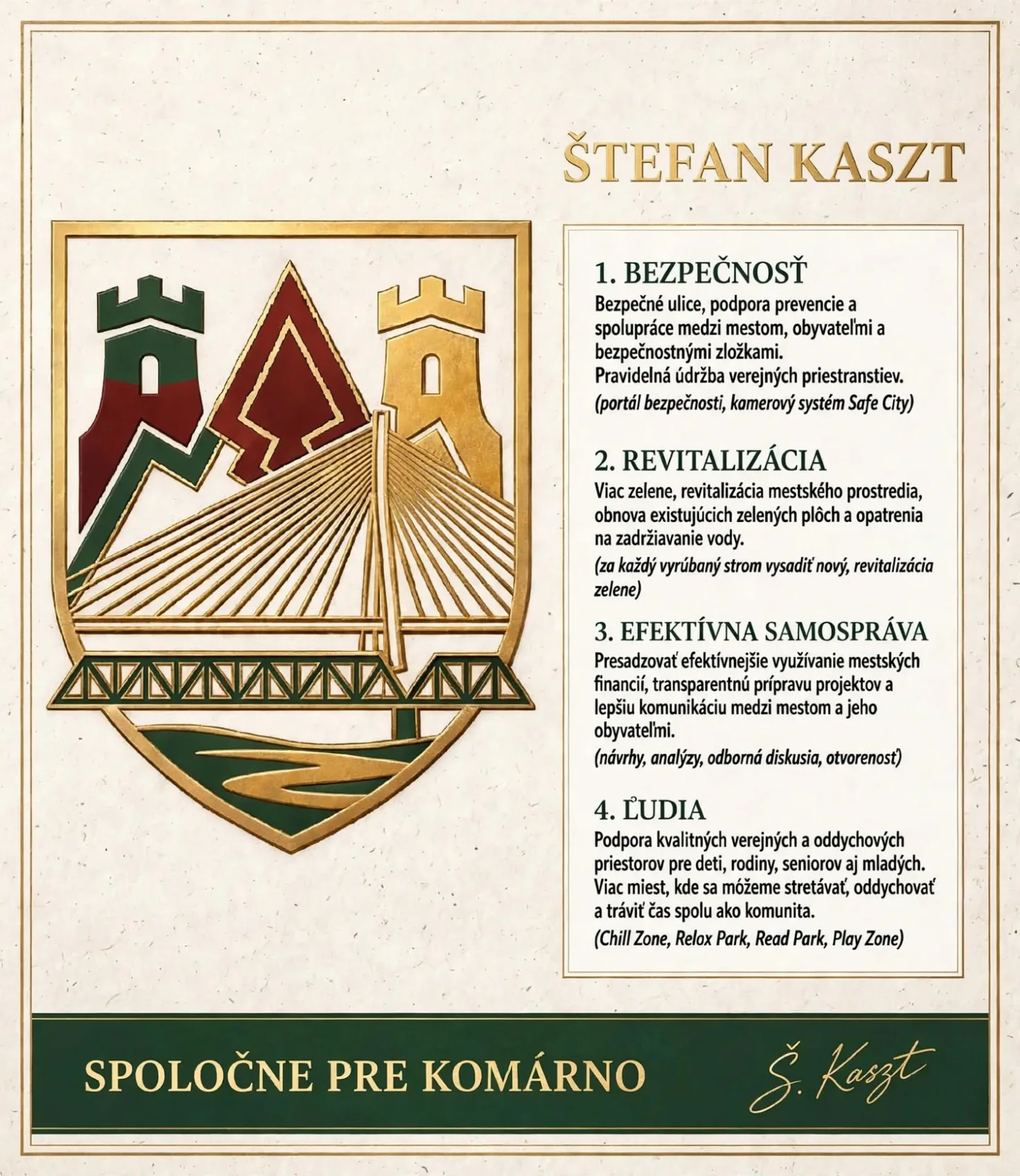 Priority Štefana Kaszta – Spoločne pre Komárno: 1. Bezpečnosť, 2. Revitalizácia, 3. Efektívna samospráva, 4. Ľudia